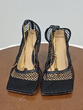 Bottega Veneta Black Mesh Square-Toe Heels with Gold Chain